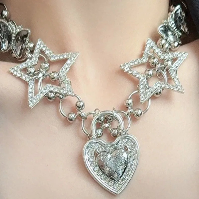 NISHIZAWA Y2k Butterfly Stars Necklaces for Women Vintage Inlaid Rhinestones Chokers Jewelry Fashion Hiphop Collares Para Mujer