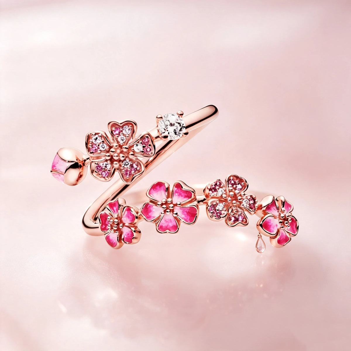 Charm Luxury Female Pink Bule Flower Zircon Stone Adjustable Open Ring RoseGold Silver Color Cute Gift Wedding Jewelry For Women