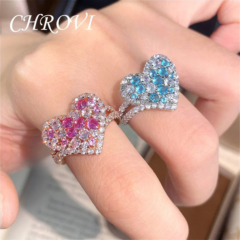 New 925 Sterling Silver Dazzling Full-Diamond Heart Ring, Trendy Luxury niche Sweet Heart-Shaped Ring for Women