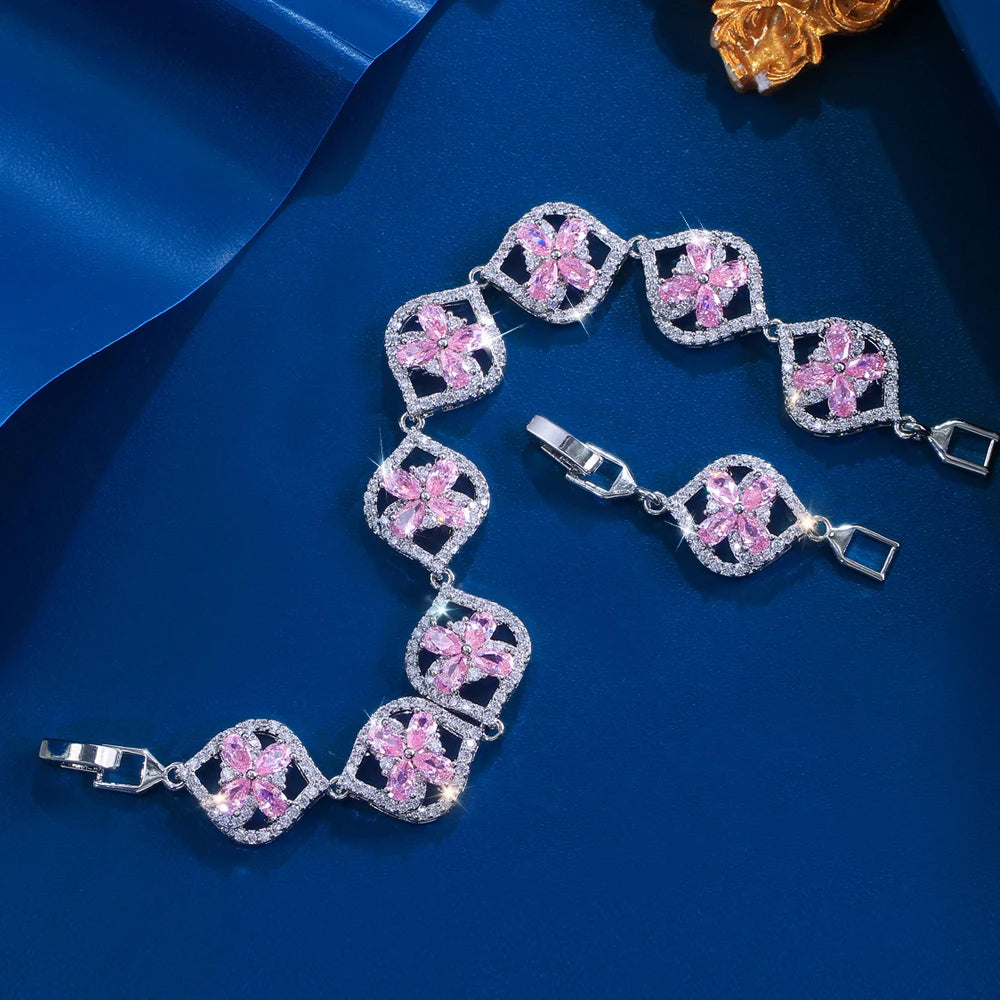ThreeGraces Luxury Shiny Pink Cubic Zirconia Big Flower Leaf Shape Bridal Wedding Party Link Chain Bracelet for Women BR439