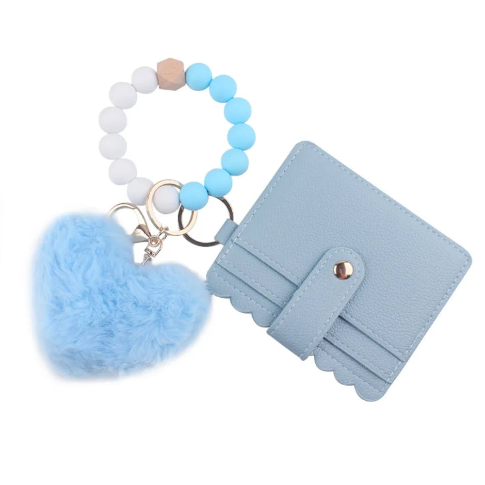Solid Leather Leather Card Bag Keychain Tassel Design Silicone Beaded Wristlet Keychain Keychain Feature Wristlet Style