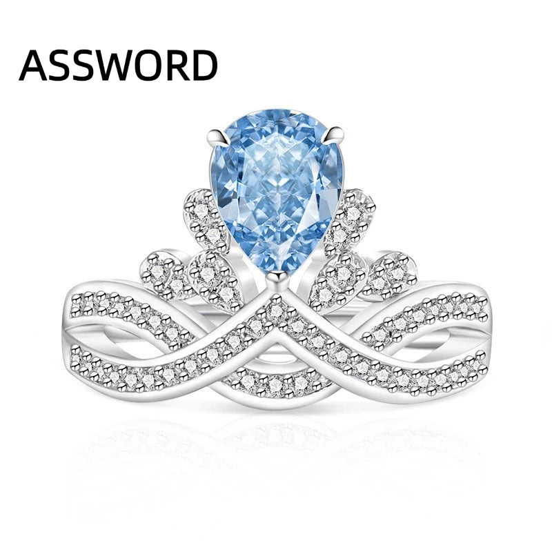 925 Sterling Silver Crown Teardrop Ice Flower Cut Cubic Zirconia Ring Twisted Split Shank Wedding Jewelry Gift for Women