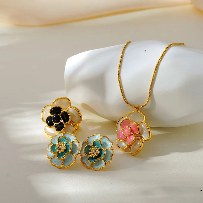 EILIECK 316L Stainless Steel Colorful Enamel Flower Necklace Earrings Ring Set For Women Trendy Waterproof Jewelry Lady Gift