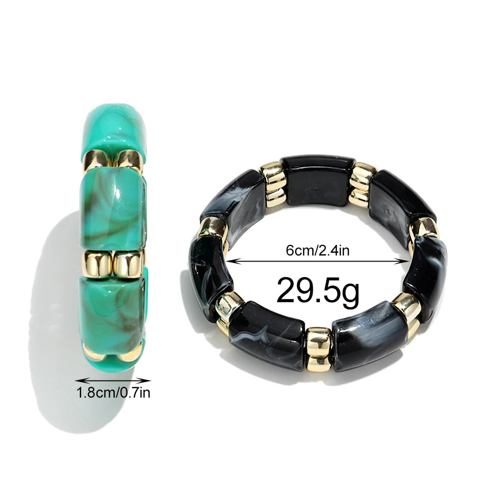 Vintage Acrylic Marbled Elastic Beads Bangle Bracelets for Women Fashion Golden CCB Round Beaded Cuff Bracelet Jewelry Gifts