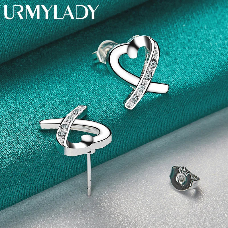 URMYLADY 925 Sterling Silver Love Heart Zircon Stud Earrings For Women Wedding Party Fashion Jewelry