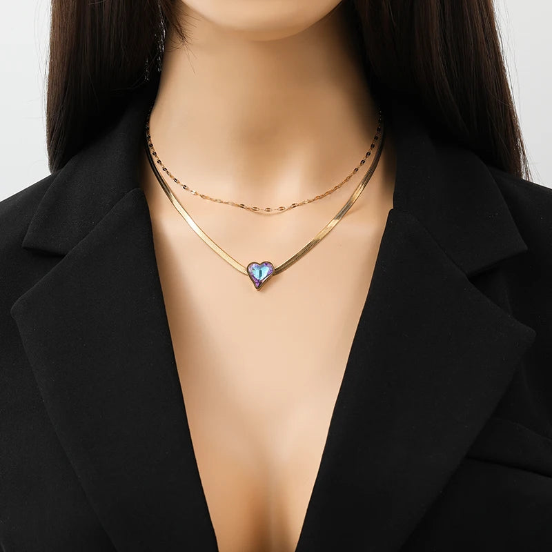 EILIECK 316L Stainless Steel Colorful Heart Love Zircon Pendant Necklace For Women Fashion 2 IN 1 Neck Chain Jewelry Gift collar