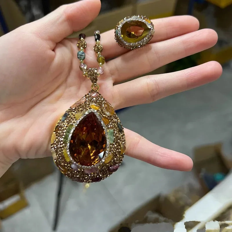 Unique Sudan Stone Crystal Charm Necklace Stud Earring Set Sultanite Color Change Tourmaline Waterdrop Zultanite Jewelry Sets