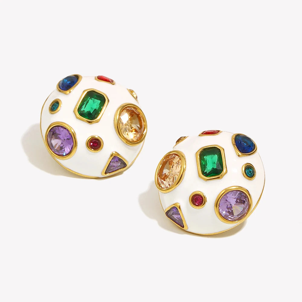 E.B.belle White Enamel Geometric Colored Zirconium Spherical Earrings 18K Gold Plated Gift 316L Stainless Steel Women's Earrings