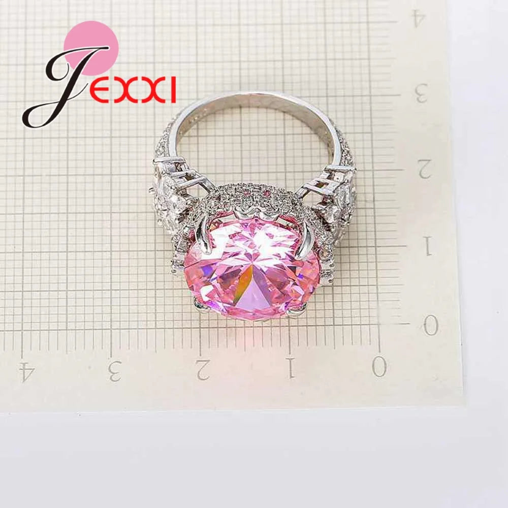 Luxury Big Round Pink Cubic Zirconia Wedding Fine Rings 925 Sterling Silver Women Banquet Party Queen Jewelry Ring