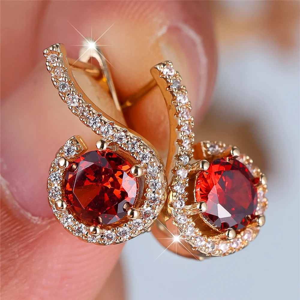 Charm Female White Red Round Zircon Stone Hoop Earrings Fashion Gold Color Wedding Jewelry For Women