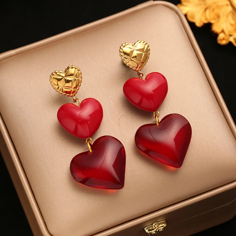 EILIECK 1pair New Stainless Steel Elegant Red Heart-Shaped Pendant Earrings For Women Fashion Ear Stud Waterproof Jewelry Gift
