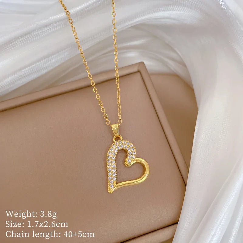 Luxury Heart Necklace for Women Full Paved Bling Cubic Zirconia 14k Gold Color Exquisite Necklace Female Wedding Jewelry