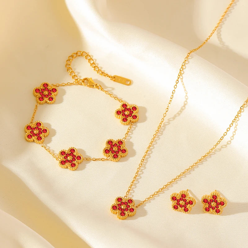EILIECK New Fashion Stainless Steel Pink Zircon Clover Necklace Bracelet Earrings Set For Women Trendy Flower Jewelry Set Gift