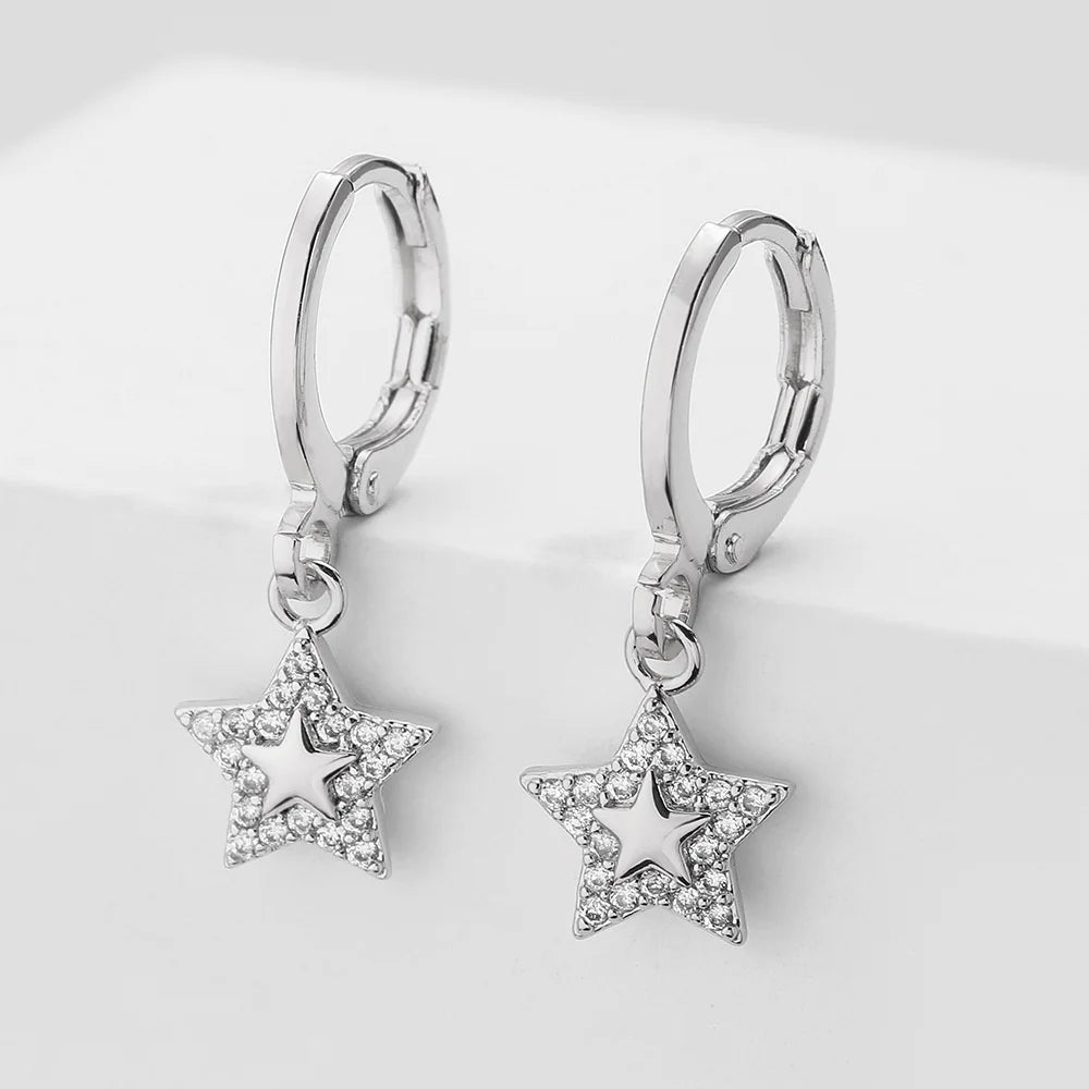 Small Star White Zircon Stone Trendy Hoop Earrings Charm Cute Female Silver Gold Color Wedding Jewelry For Women
