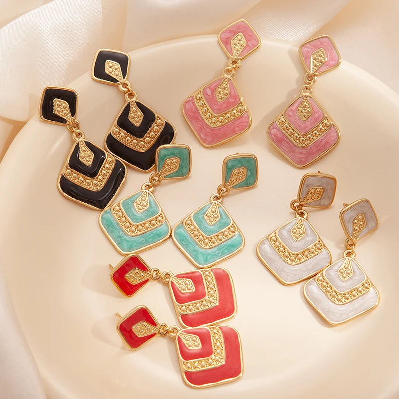 ANENJERY 316L Stainless Steel Rhombus Geometry Pendant Earrings For Women Bohemia Personality Niche Jewelry Gifts Wholesale