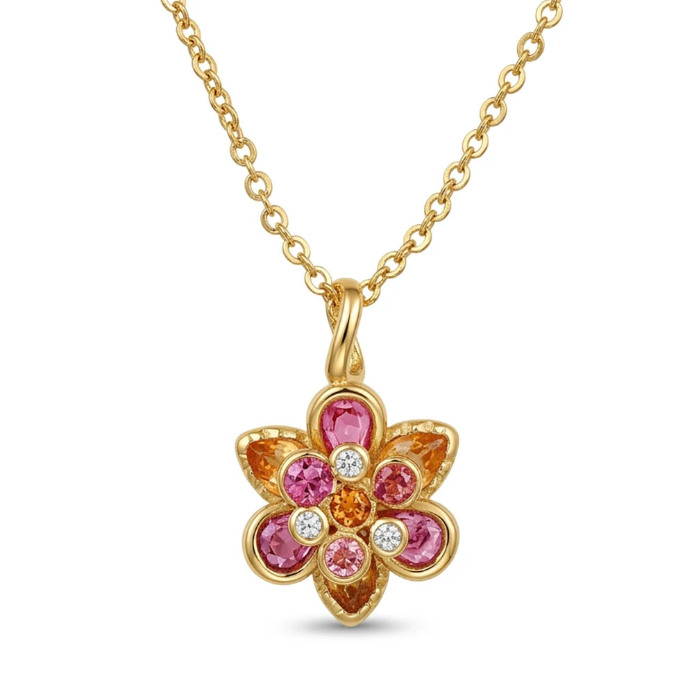 Ladies Gold Plated Floral Pendant Necklace with Multi-Color Cubic Zirconia Elegant Jewelry for Daily Commute Parties Gifts