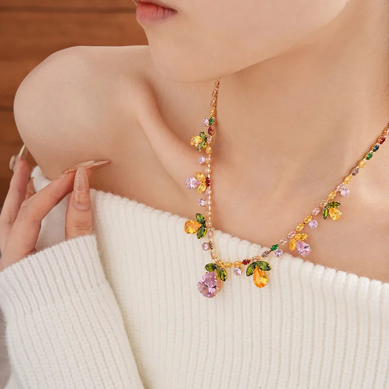 Colorful Zircon Flowers Water Drop Earrings Pendant Necklace Women's Charm Elegant Fashion Jewelry Set Accessories Party Dress G