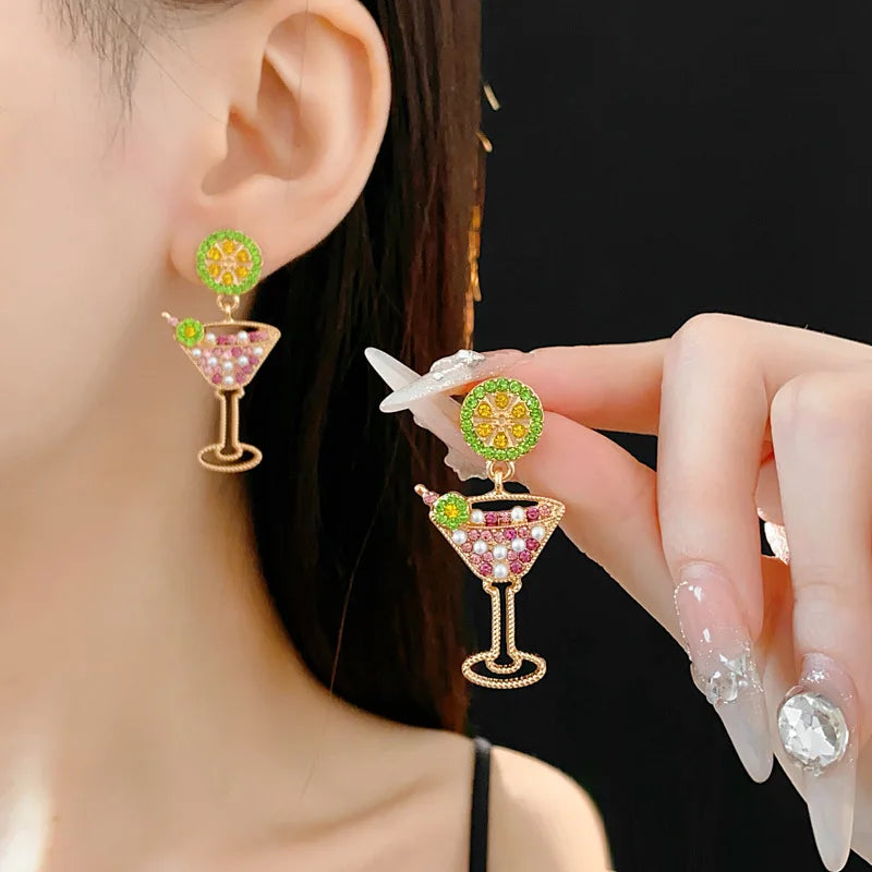 Vintage Lime Wine Glass Earrings for Women Temperament Light Luxury Inlaid Rhinestone Pearl Earring High-grade Sense Jewelry