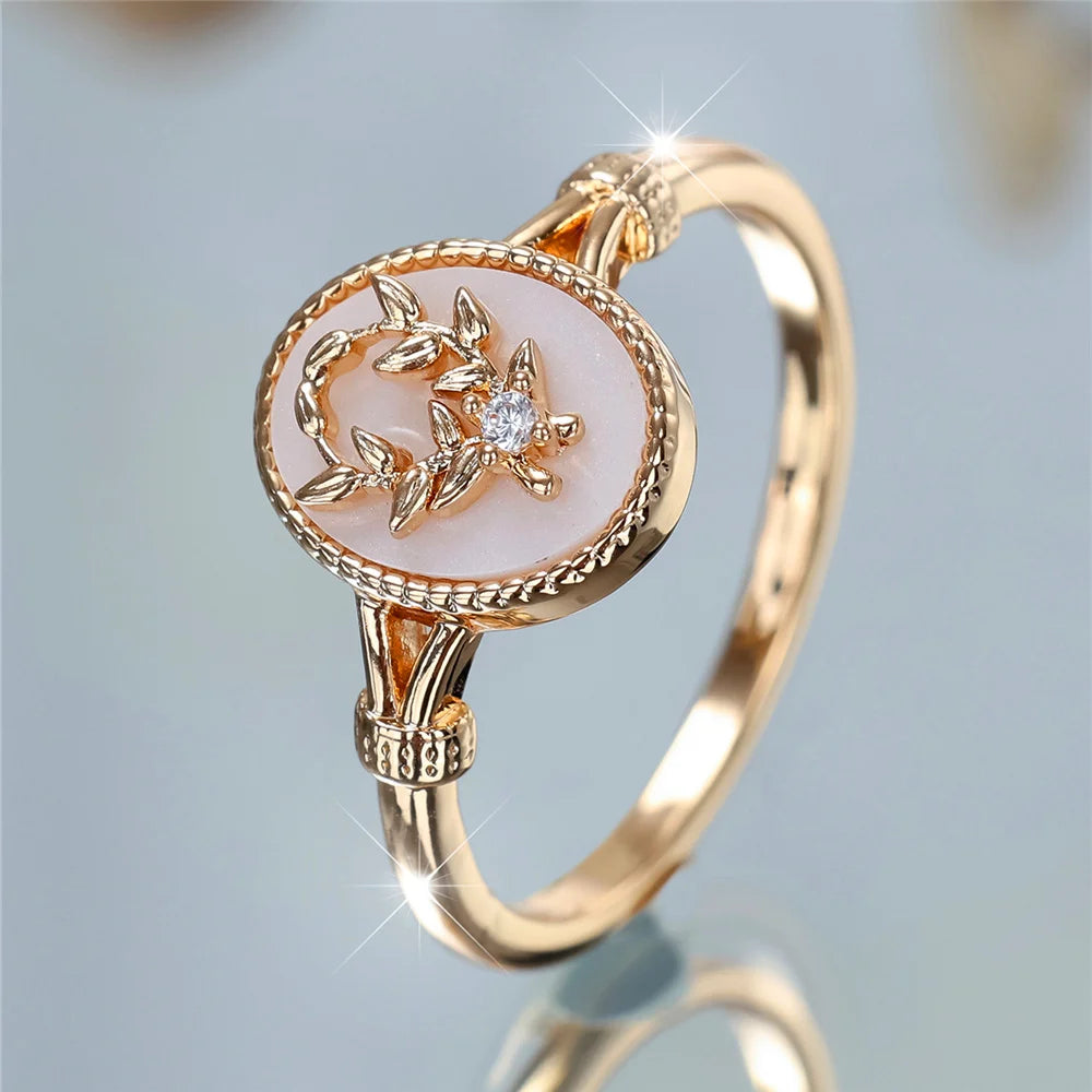 Charm Female White Enamel Stone Oval Leaf Plant Ring Rose Gold Silver Color Cute Gift Wedding Jewelry For Women