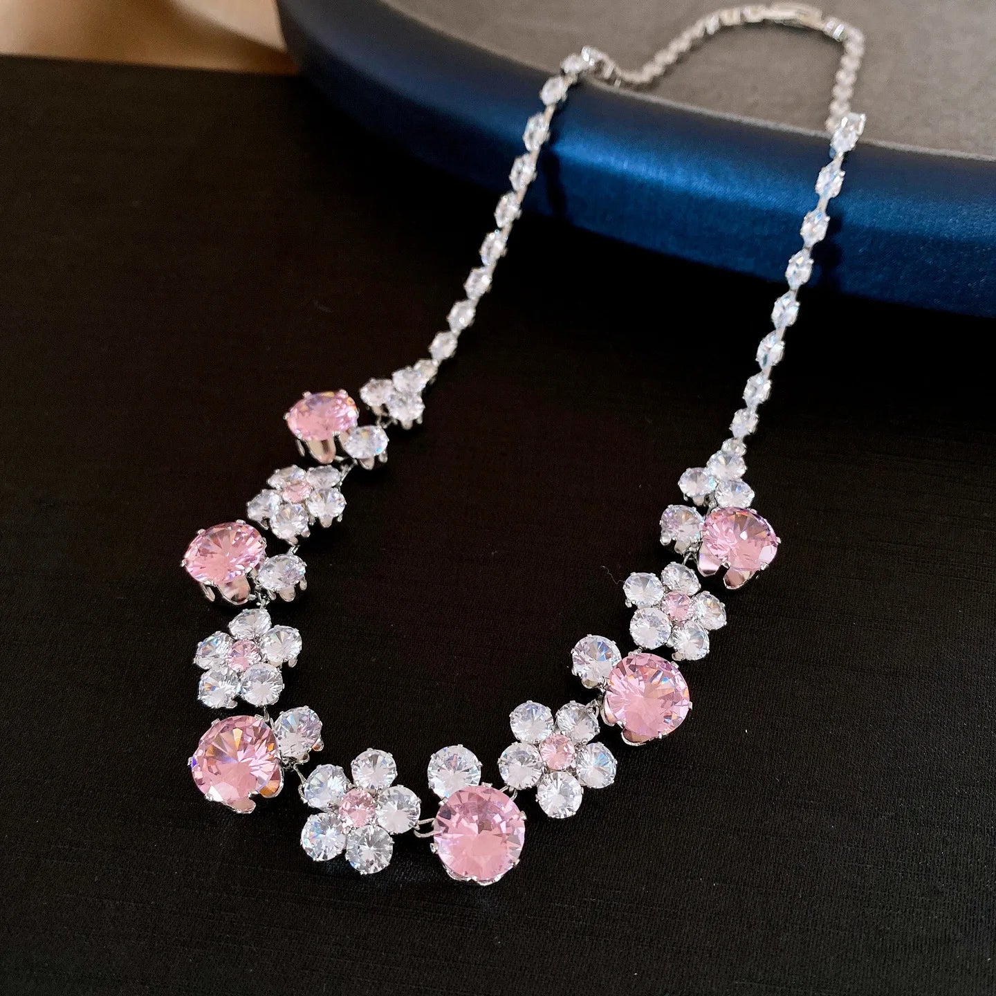 2 Pcs Reteo Flower Rhinestones Chokers Necklaces for Gathering Bling Color-block Dangle Earrings Banquet Anniversary Set H