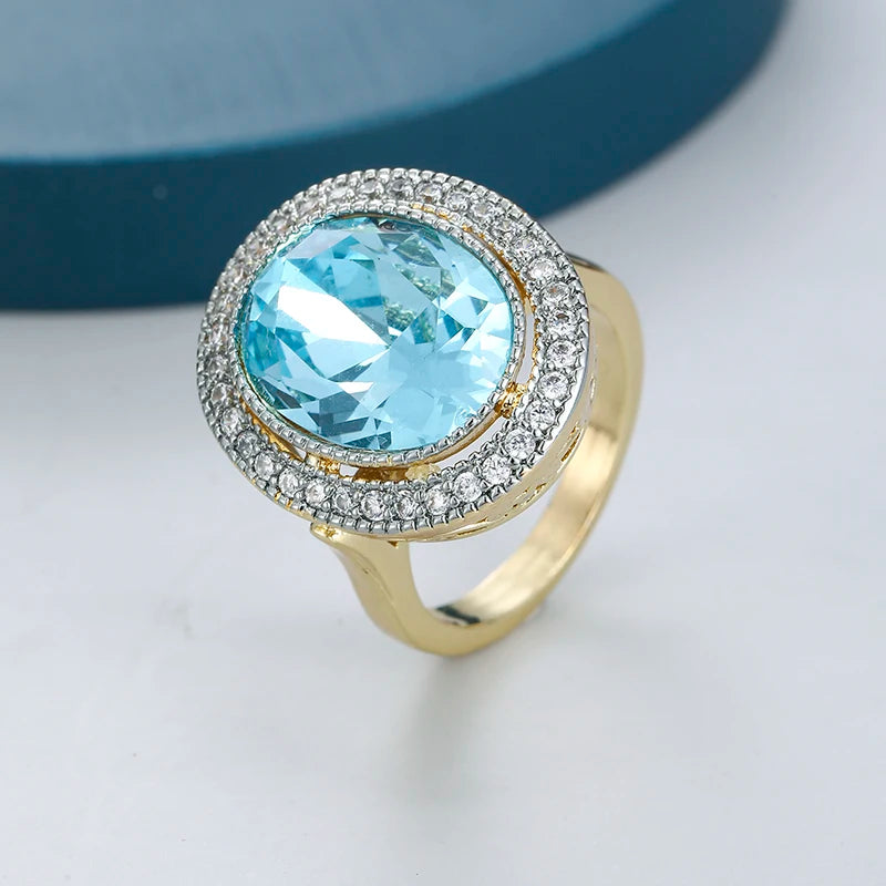 1pc Round Shaped Women Two Tone Ring Gentle Wedding Party Inlaid Brilliant Blue Cubic Zirconia Fashion Party Accessories Jewelry