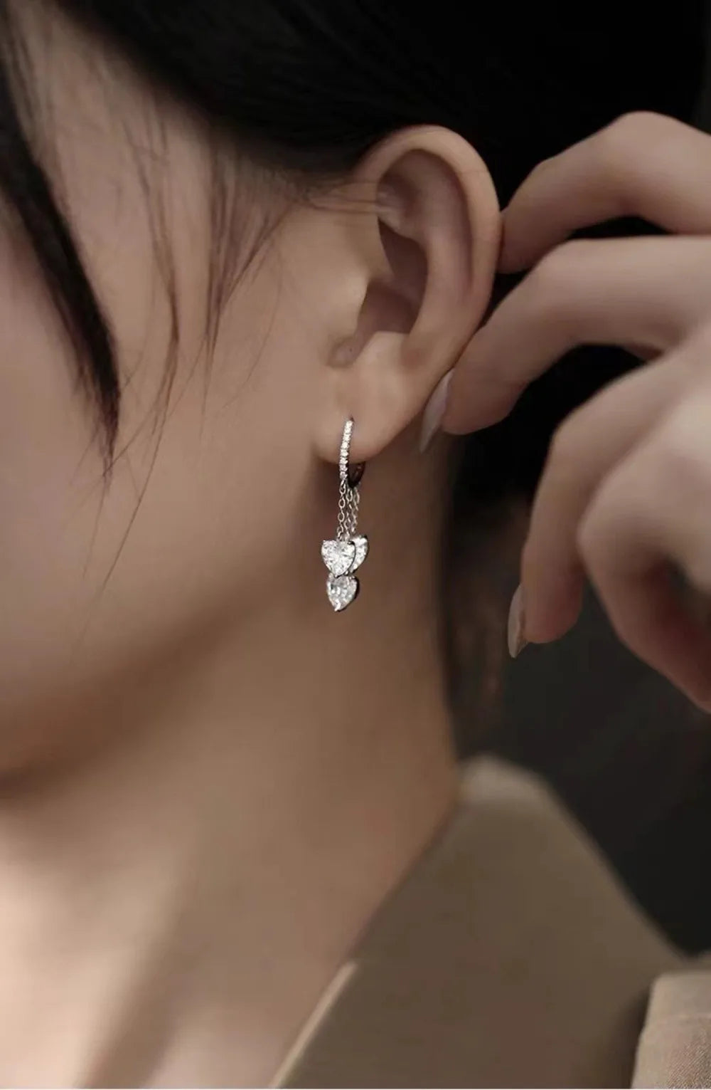 Light Luxury 925 Sterling Silver Sparkling Heart Tassel Fairy-Style Boutique Women's Earrings