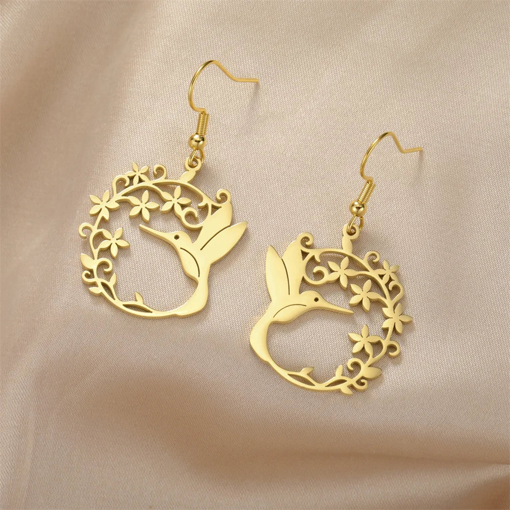 My Shape Hummingbird Earrings for Women Stainless Steel Flowers Birds Dangle Earrings Filigree Boho Fashion Jewelry  Gifts