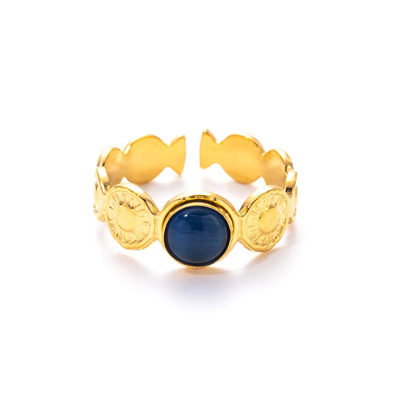 ANENJERY 316L Stainless Steel Colorful Stone Round Card Sun Open Ring for Women Men Niche Special Jewelry Gifts Wholesale