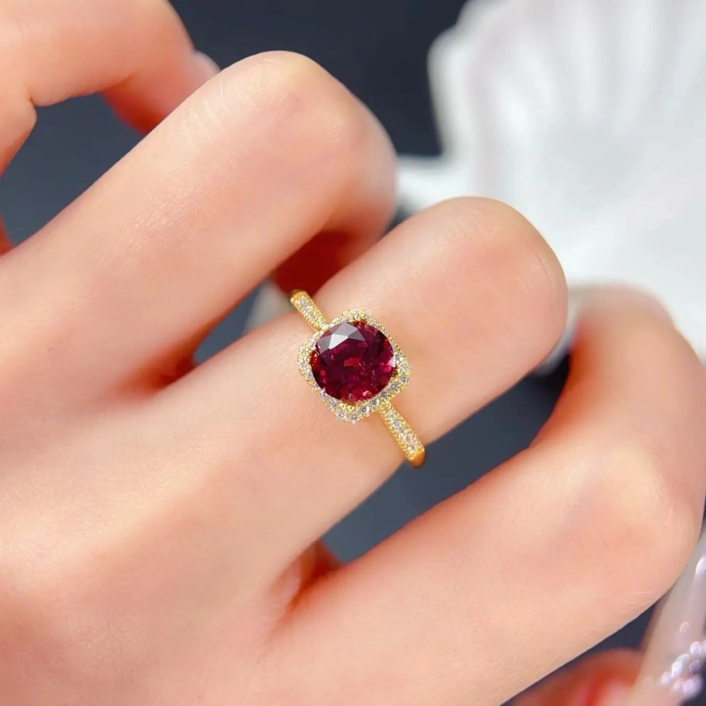 Real Natural Pyrope Garnet Ring with Free Jewelry Certificate 7mm 1ct Garnet 925 Silver Ring with 3 Layers 18K Gold Plating