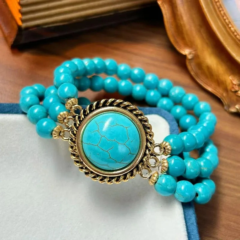 Turquoise Bracelets for Women Multilayered Vintage Versatile Jewelry Fashion Elegant Ethnic Style Beads Pulseras Mujer
