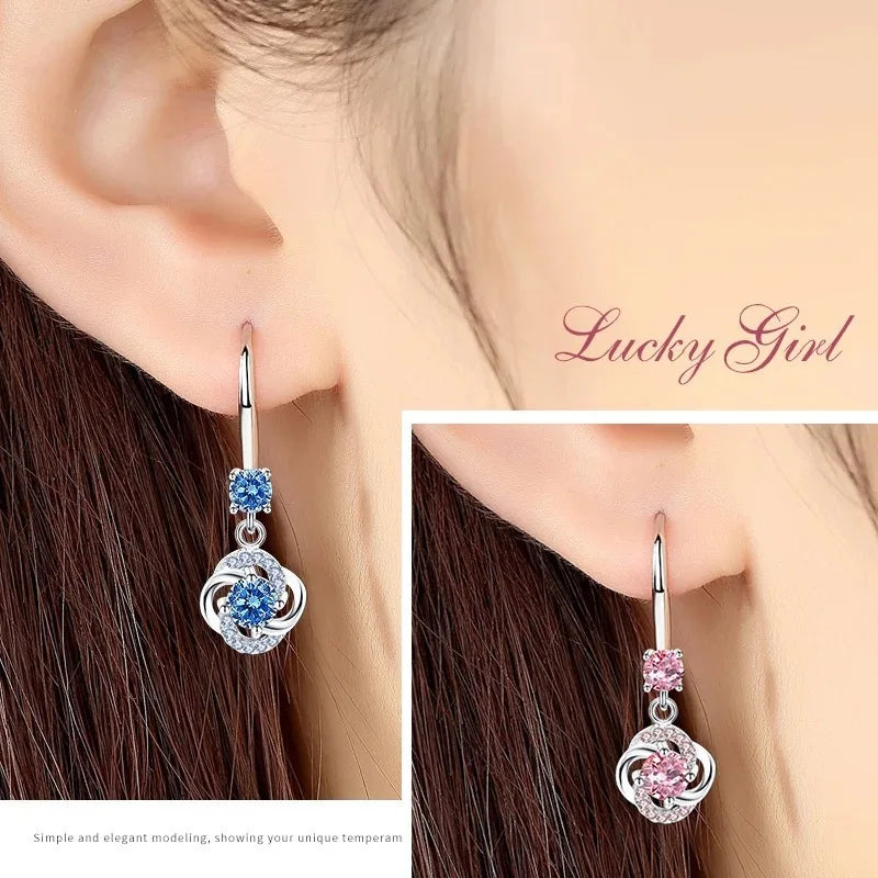 Boho Female Crystal Pink Blue White Drop Earrings Silver Color Zircon Stone Small Round Wedding Jewelry For Women