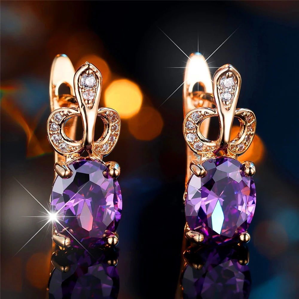 Luxury Female Purple Oval Zircon Stone Hoop Earrings Fashion Gold Color Wedding Jewelry For Women