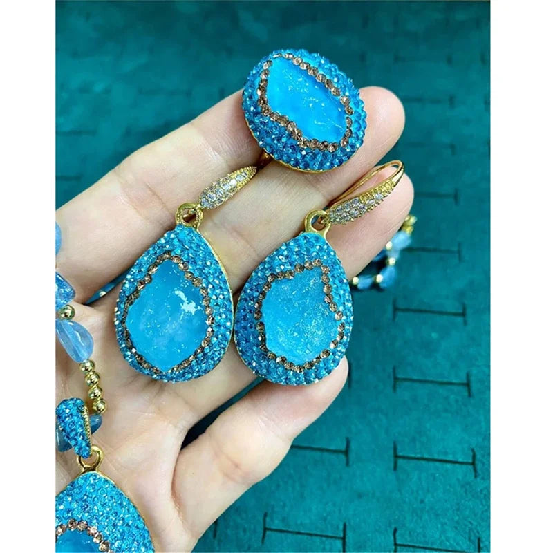 Turkish Raw Baroque Aquamarine Crystal Jewelry Set for Women Rhinestone Quartz Irregular Stone Necklace Ring Hook Earring Sets