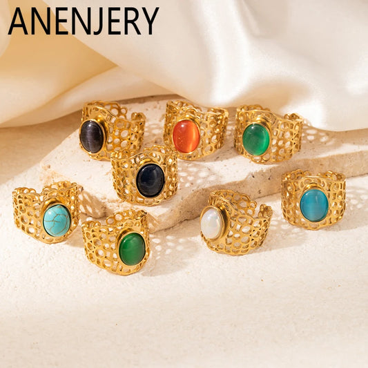 ANENJERY 316L Stainless Steel Colorful Stone Hollow Round Wide Open Ring for Women Men Vintage Elegant Jewelry Gifts