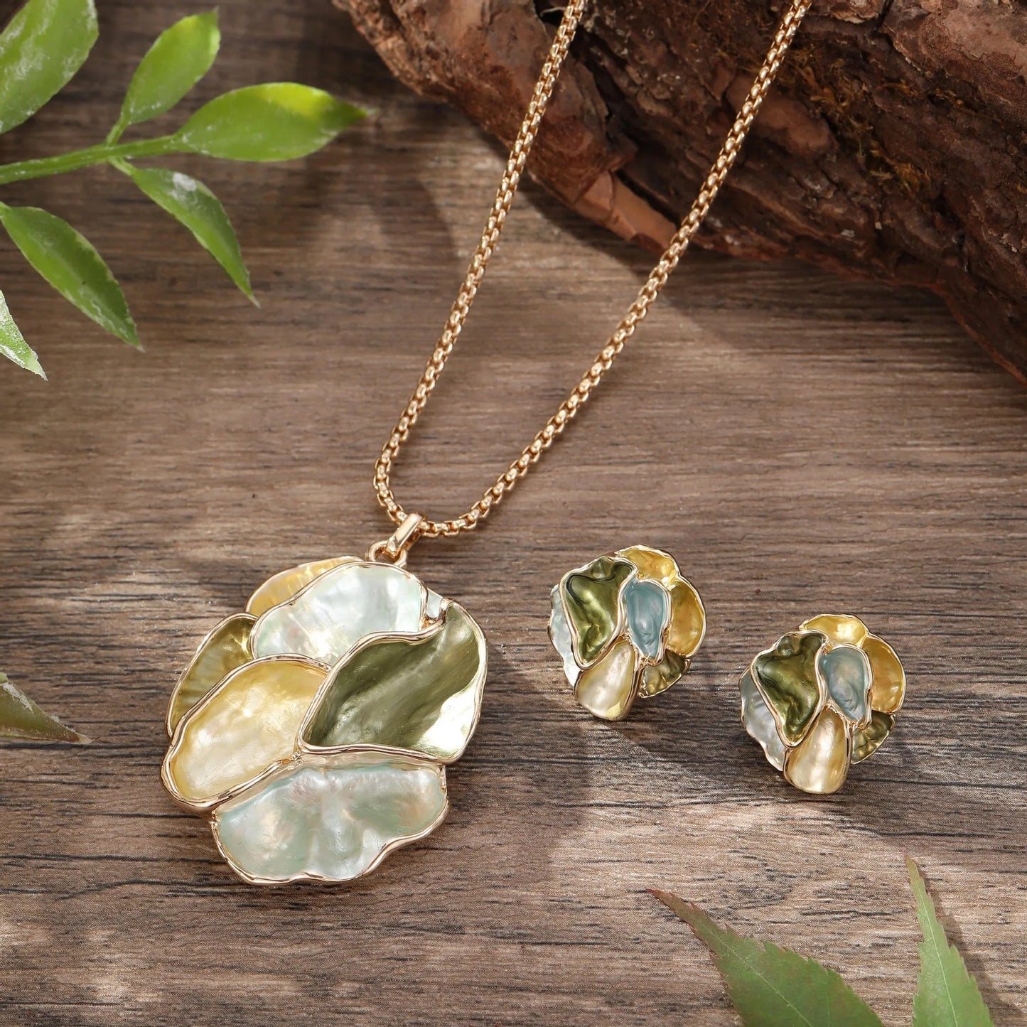 new enamel color geometric flower stud earrings pendant set, high-end women's versatile flower necklace