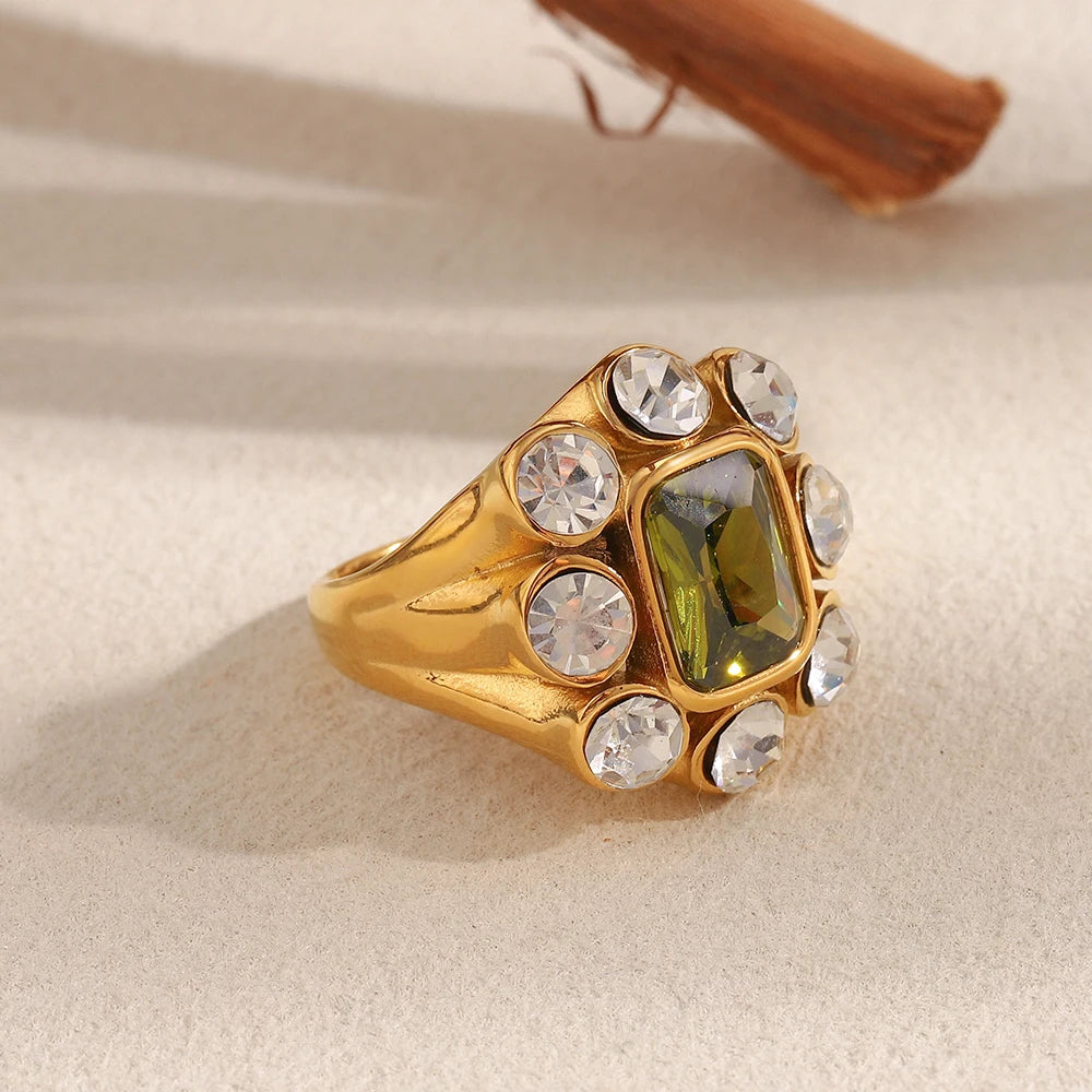 E.B.belle Party Shiny Flower Luxury Clear Green Zircon Ring Stainless Steel PVD Plated Fashion Women Stetement Jewelry