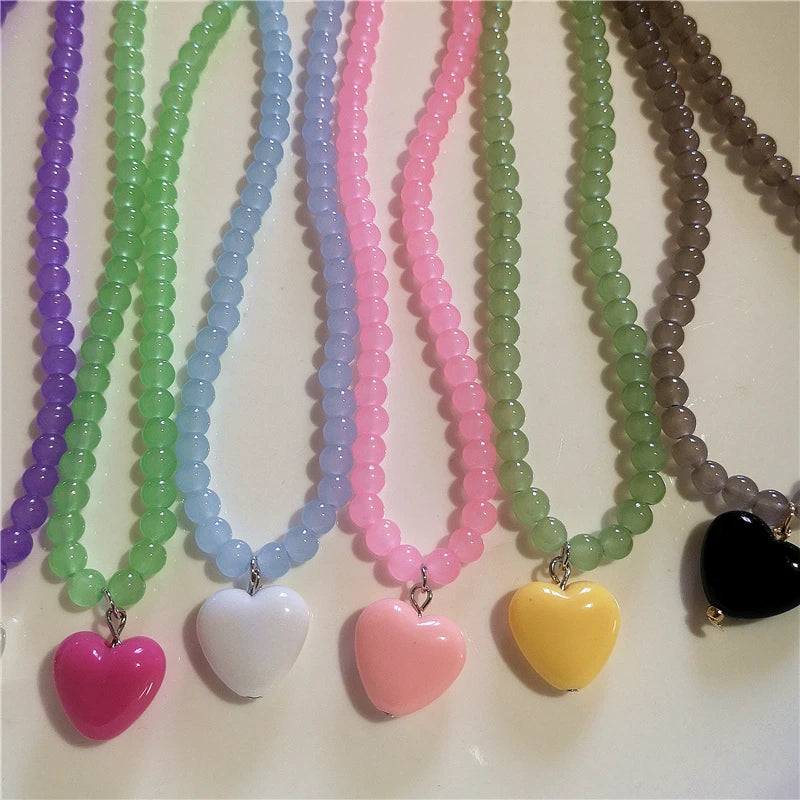 2026 Trendy Aesthetic Resin Candy Color Heart Pendant Glass Beaded Choker Charm Necklace For Women Girl Y2K Jewelry Accessories