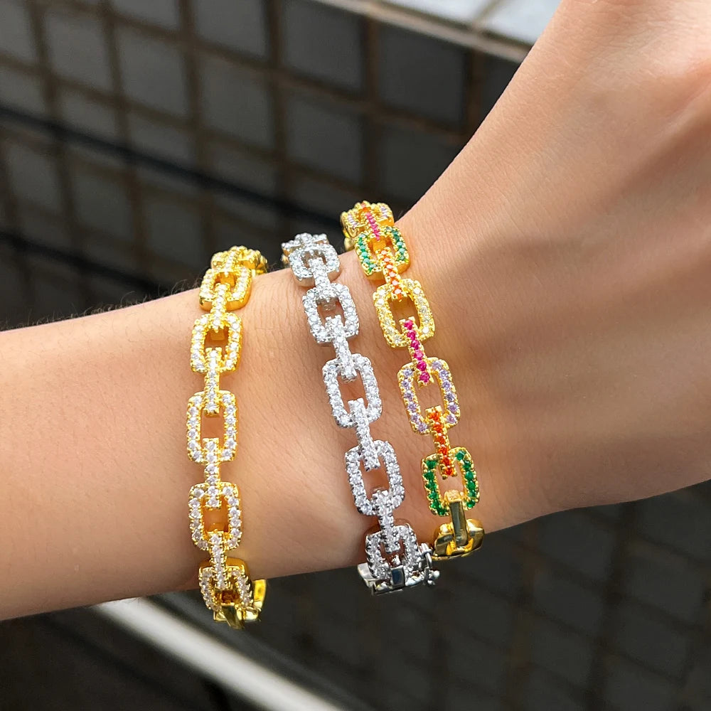 ThreeGraces Fashion Shiny Multicolor Cubic Zirconia Geometric Cuban Link Chain Cuff Bangle for Women Trendy Party Jewelry B077