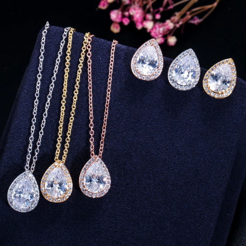 ThreeGraces Sweet Sparkling Water Drop Cubic Zirconia Fashion Necklace and Stud Earrings Party Jewelry Set for Women JS210