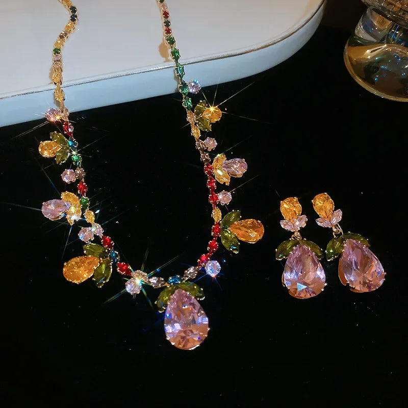 2 Pcs Color-block Water Drop Zircon Pendant Necklaces Set Party Retro Leaf Dangle Earrings Daity Banquet Gathering Anniversary H