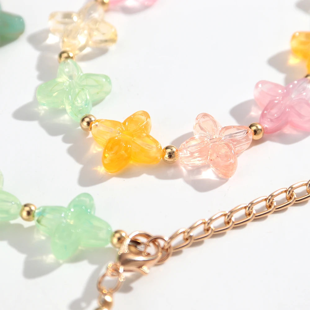 Cute Colorful Geometric Flower Beaded Choker Necklace Sweet Resin Beads Necklaces for Women Spring Summer Jewelry Gifts