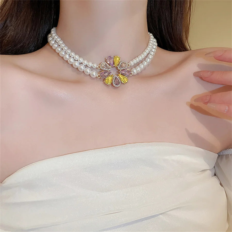 Korean Style Pearl Necklace Earrings For Women Sweet Sunflower Crystal Earrings Weddings Banquet Jewelry Sets