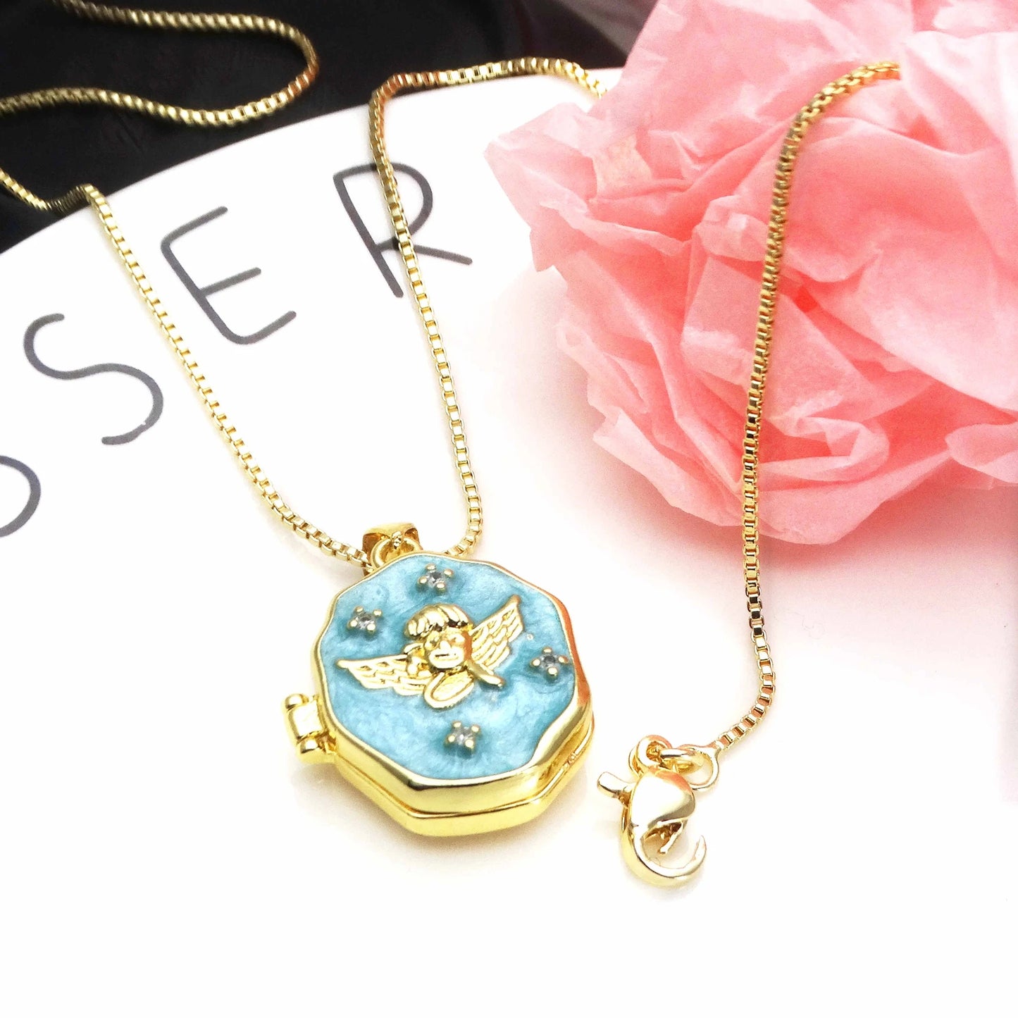 Micro Zircon oil drip photo box Angel Pendant necklace Love heart pendant necklace copper chain jewelry necklace