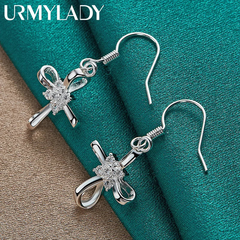URMYLADY 925 Sterling Silver Bowknot Zircon Earrings For Women Wedding Party Charm Jewelry