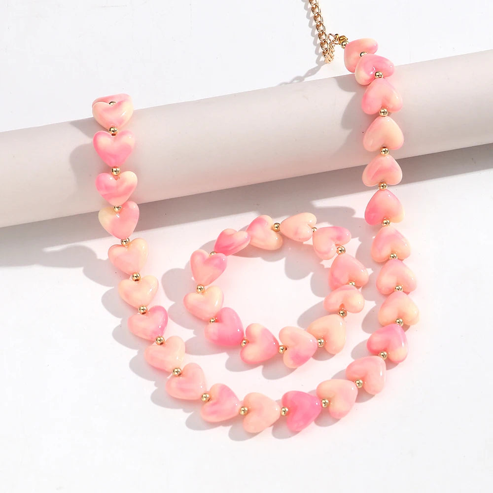 New Colorful Acrylic Geometric Heart Beaded Necklace Bracelet Set Fashion Love Heart Beads Choker Necklace Women Jewelry Gifts