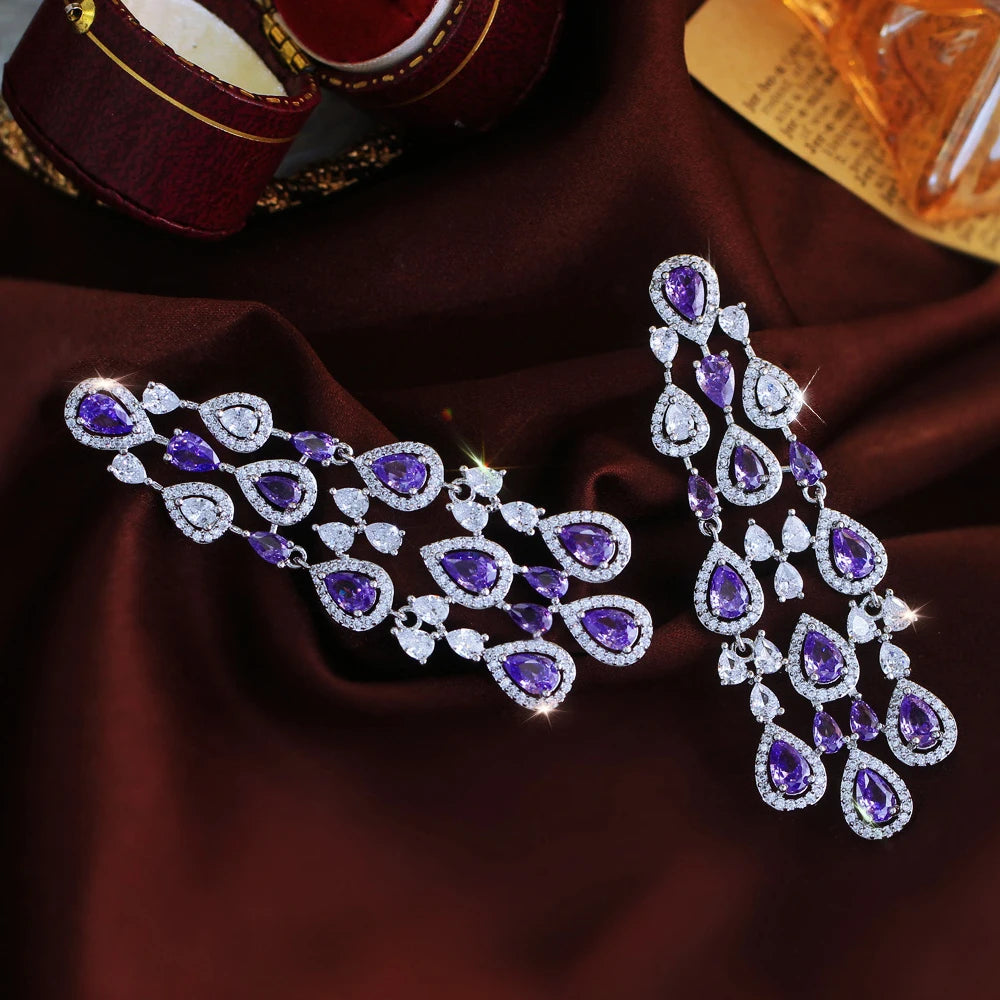 ThreeGraces Vintage Shiny Purple Zirconia Long Tassel Chandelier Drop Bridal Wedding Party Earrings for Ladies Jewelry ER531