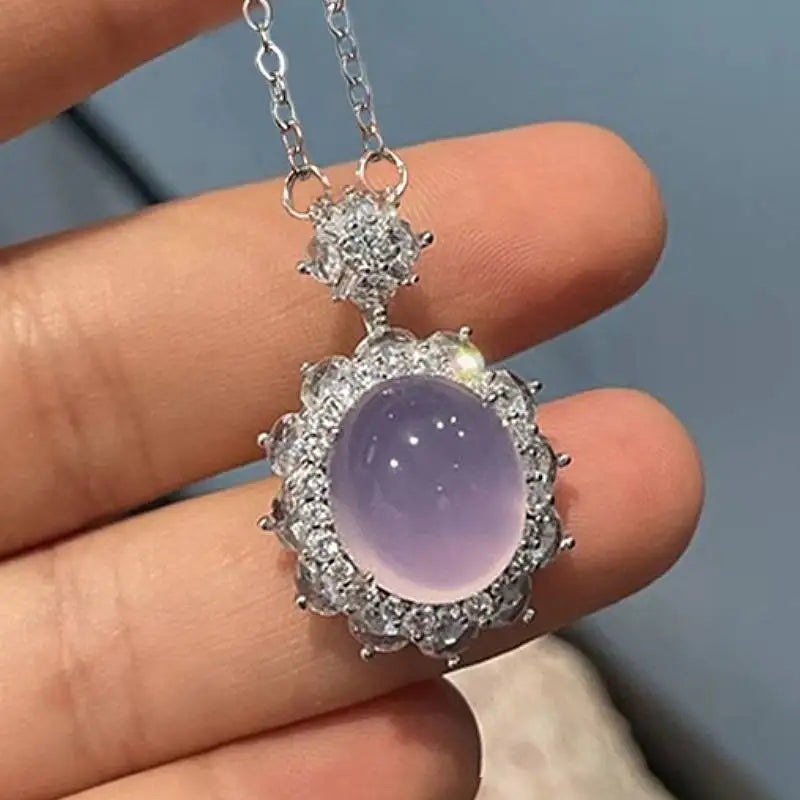 Huitan Aesthetic Women Purple Imitation Opal Pendant Necklace for Party Wedding Elegant Charming Accessories Jewelry Inlaid CZ
