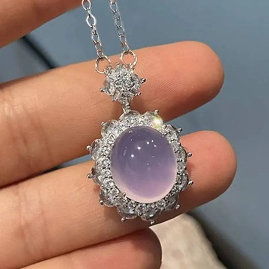 Huitan Aesthetic Women Purple Imitation Opal Pendant Necklace for Party Wedding Elegant Charming Accessories Jewelry Inlaid CZ