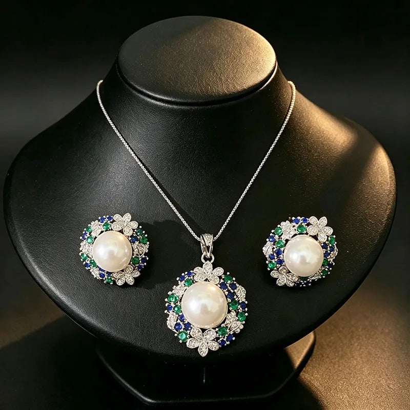 3Pcs/4 Pcs Party Jewelry Set Large Size Pearl Necklace Earrings Rings Ladies Fashion Shiny Zircon Jewelry for Party Banquet K