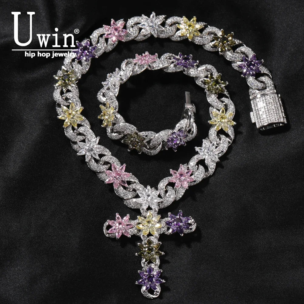Colorful Flower Cross Charms Cuban Chain Full Pave Iced Out Baguette Cubic Zirconia HipHop Jewelry Unisex Gift For Men Women